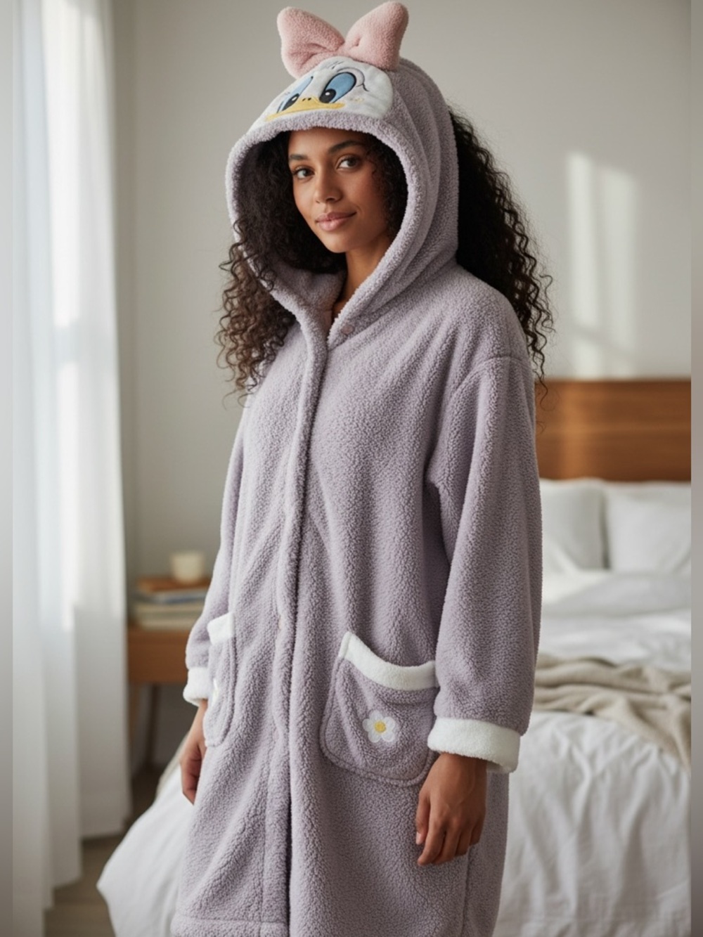 Plush Daisy Hooded Robe - Lavender with Pink Bow - Picture 1 of 2